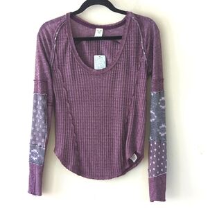 Free People We the Free Waffle Thermal Henley with Printed Sleeves XS